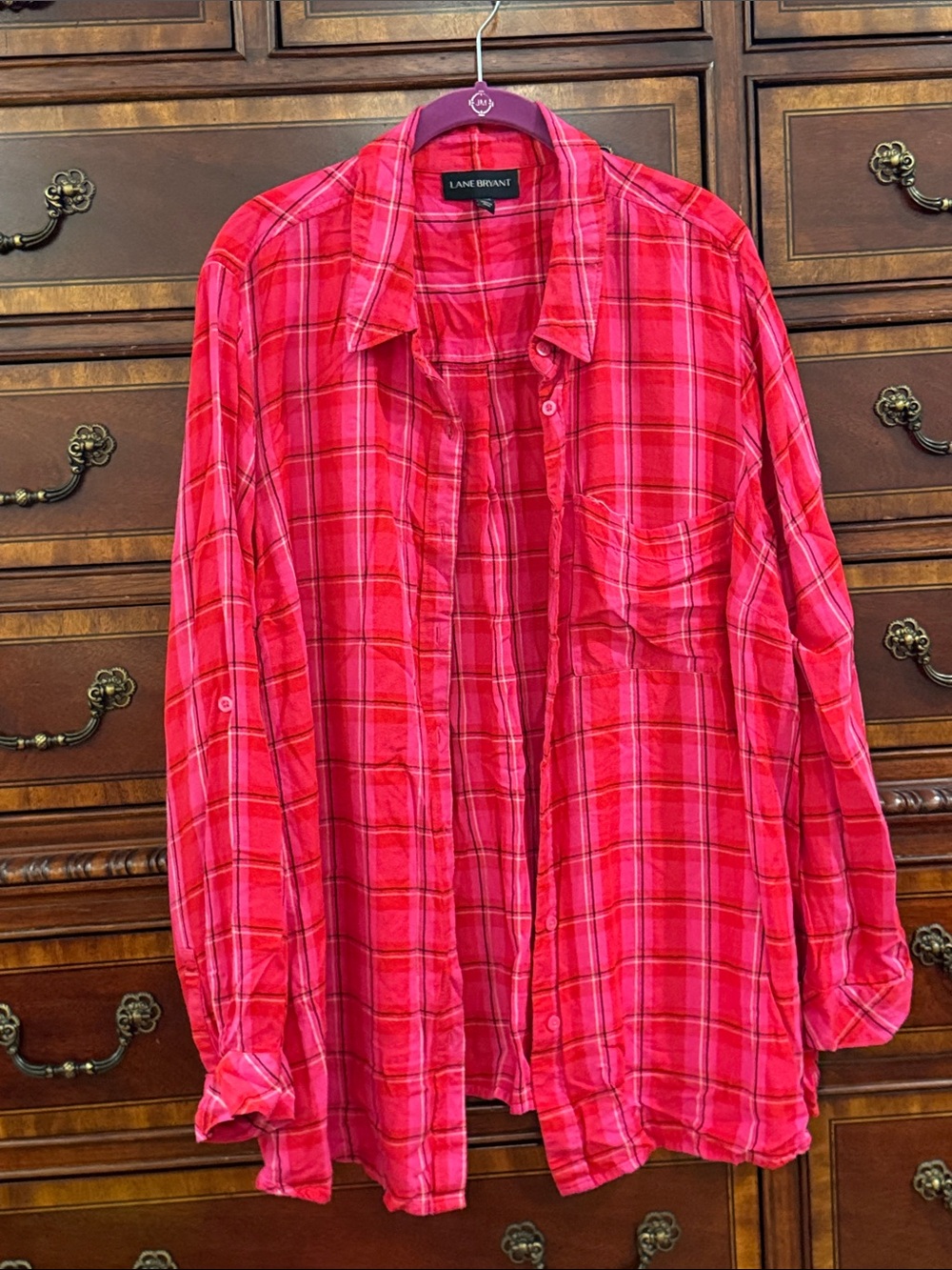 Lane Bryant Pink and Red Plaid Button-Down Shirt